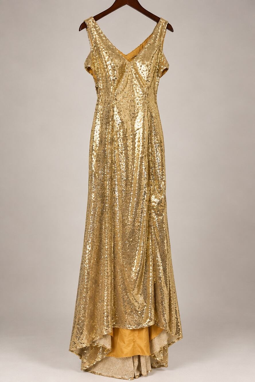 Vintage 80s 90s Gold Sequin Prom Dress Gown - Strappy Lattice Back Sz M